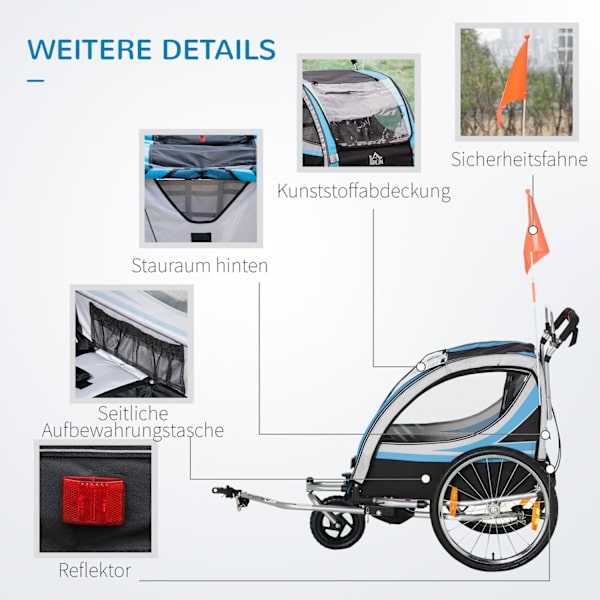 Cykeltrailer 2 I 1 Klapvogn Buggy, 360° Drejelig, Stål Oxford, Blå+Sort