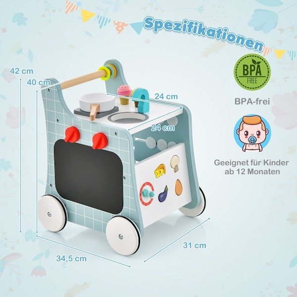 6 i 1 baby rollator i træ med legekøkken & læringsur & formjustering & rollator blå