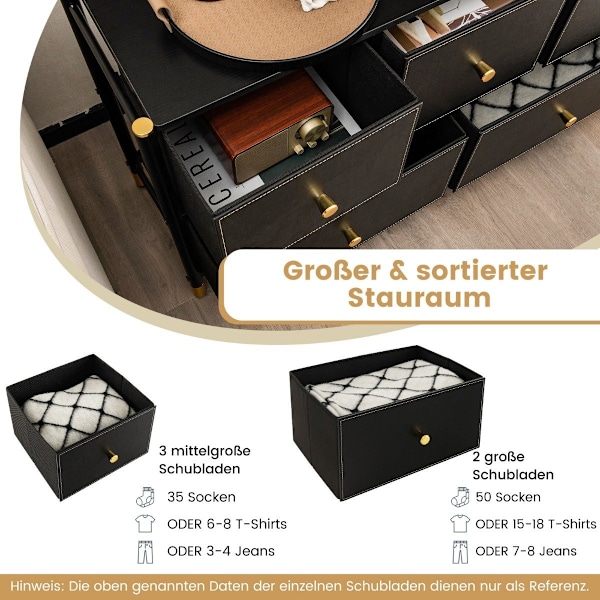 Kommode til soveværelse med 5 skuffer bred stof kommode med metalramme 100 x 30 x 58,5 cm sort