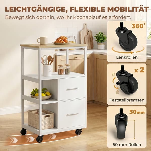Hvid køkkenvogn med rullebord og 2 skuffer