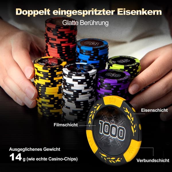 500-delars pokerset med laserchips, kort, tärningar och fodral