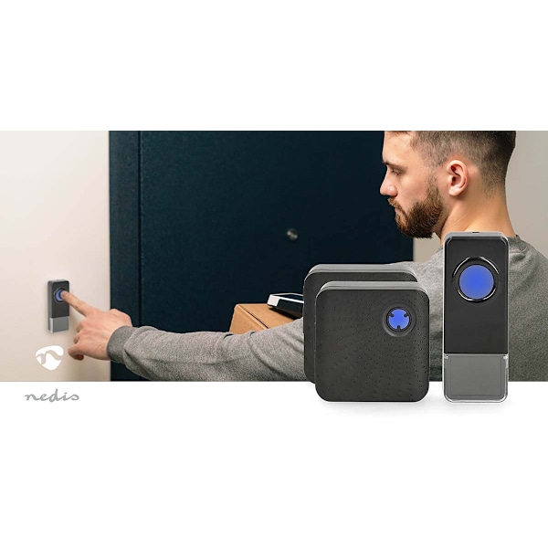Trådløst dørklokkesæt | Strømforsyning | 100 - 240 V AC 50/60 Hz | 1x 23A 12V | Volumen: 110 dB | Signalrækkevidde: 150 m | IP55 | Justerbar lydstyrke