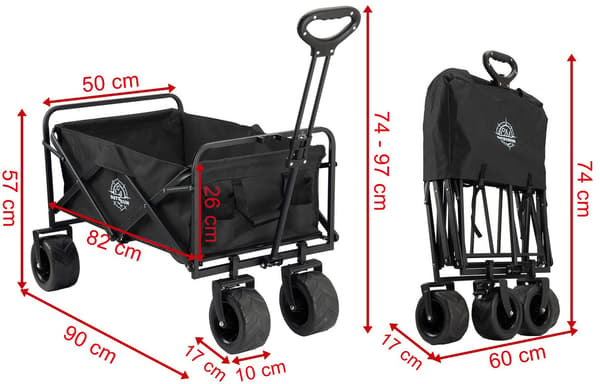 Sammenklappelig strandvogn til have, sort, 100 kg kapacitet