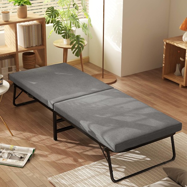 Hopfällbar säng 70 x 190 cm hopfällbar gästsäng med 7 cm skummadrass, justerbar sänggavel, resesäng med hjul, linnelook, metallram för kontor, gästrum
