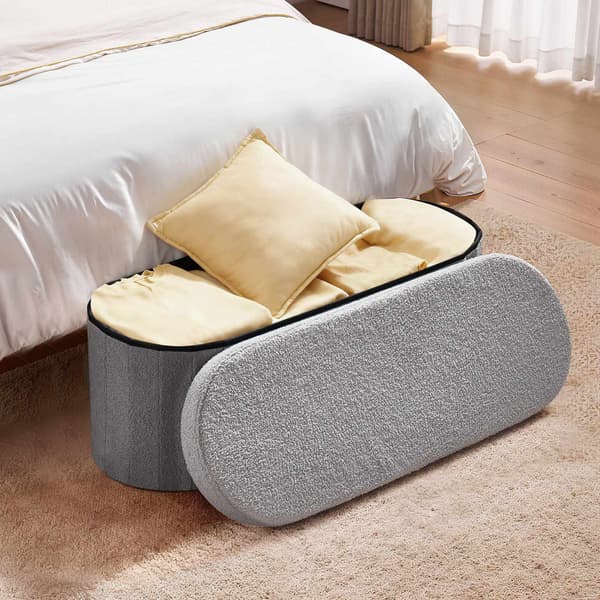 Hopfällbar oval förvaringsbänk, teddyfleece, grå