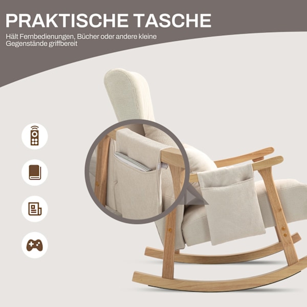 Gyngestol polstret gyngestol med lændepude sidelomme afslapningsstol træramme linned look til stue soveværelse beige
