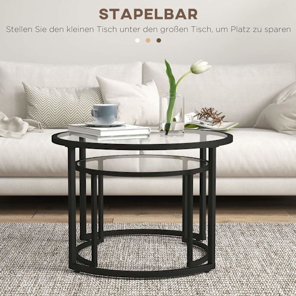 Sofabord Sæt Af 2, Sidebord Med Sort Stålstel, Sofabord, Sofabord Med Hærdet Glas Bordplade, Delvis Stabelbar