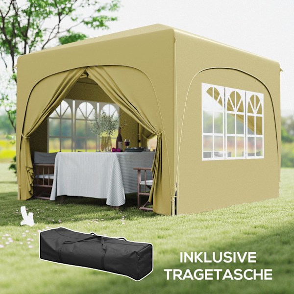 Lysthus 3x3m, vandafvisende, stabilt, vintertæt pop-up foldepavillon, UV-beskyttelse 50+, sammenfoldeligt partytelt, havetelt med 4 sidepaneler, lomme