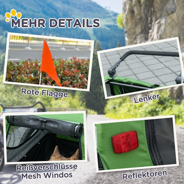 2-i-1 hundetrailer & hundevogn, hundecykeltrailer, hundeklapvogn med reflekser til mellemstore hunde op til 20 kg, Oxford stof, grøn