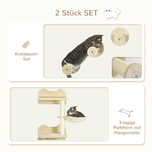 Sukellustorni Ja 3 Raapimistolppaa, Kiipeilyseinä Riippumatolla, Beige + Kermanvalkoinen