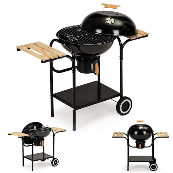 Trädgårdsgrill med träkol med lock och hyllor, galler och askfat