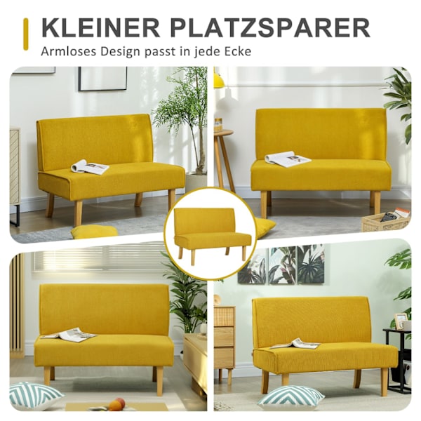 2 pers. sofa, sofa med fløjlslook, træben, polstret sofa, dobbeltsofa til soveværelse, stue, 110 x 62 x 85 cm, gul