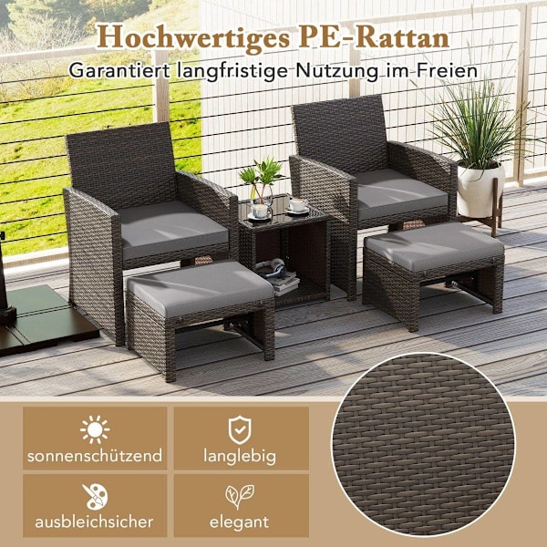 Sæt med 5 Rattan Møbelsæt Møbel Patio Siddesæt Brun + Grå