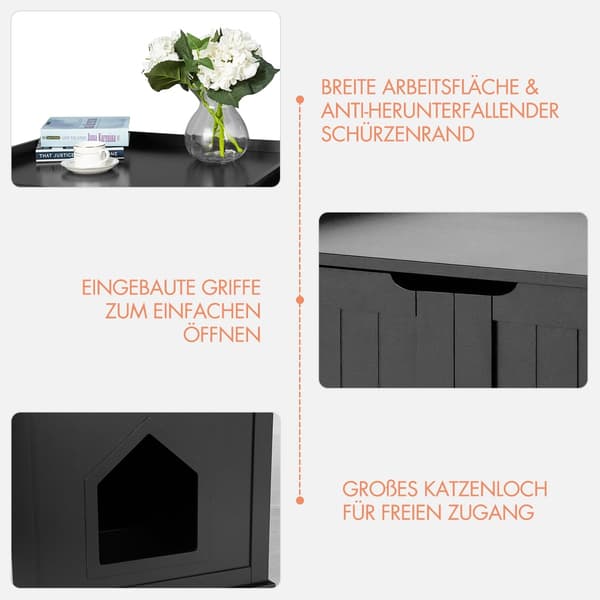 Indendørs kattehus med seng, sort, MDF, multifunktionel