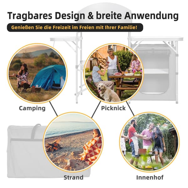 Bärbart hopfällbart campingkök med vindruta och förvaring
