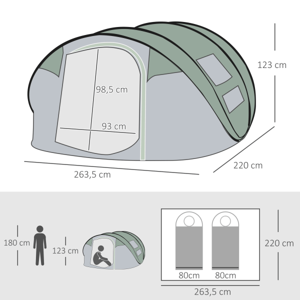 Campingtelt Til 4-5 Personer Kuppeltelt Med Pløkker, Polyester & B3 Gitter, Mørkegrøn + Grå, 263,5X220X123Cm