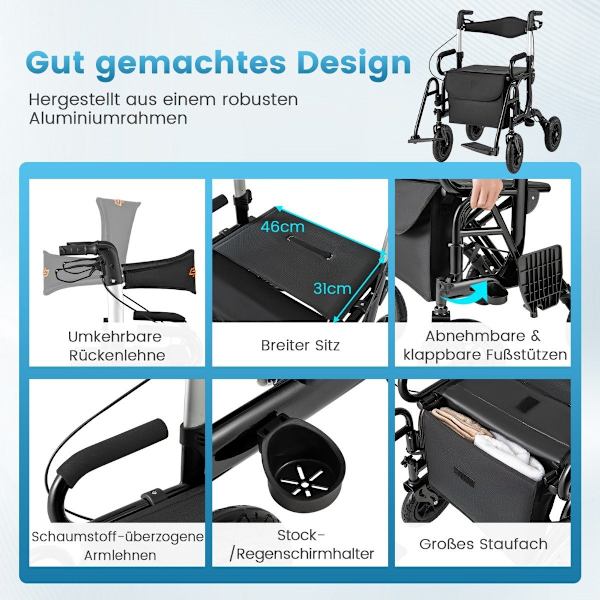 2-i-1 rollator & kørestol, let, sammenklappelig, sort