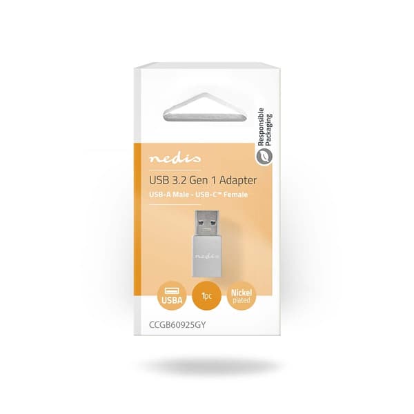 USB-A Sovitin | USB 3.2 Gen 1 | USB-A Uros | USB-C™ Naaras | 5 Gbps | Pyöreä | Niklattu | Musta | Laatikko