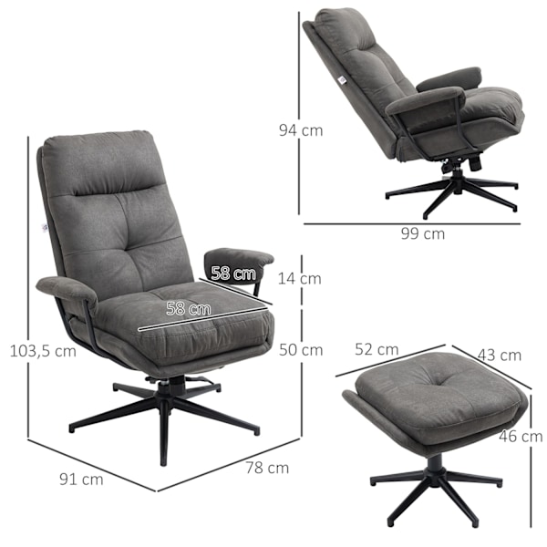 Afslapningsstol Med Skammel, Tv-Stol Med Drejefod, Tv-Stol Med Lænefunktion, Bæreevne Op Til 150 Kg, Polyester, Stål, Mørkegrå