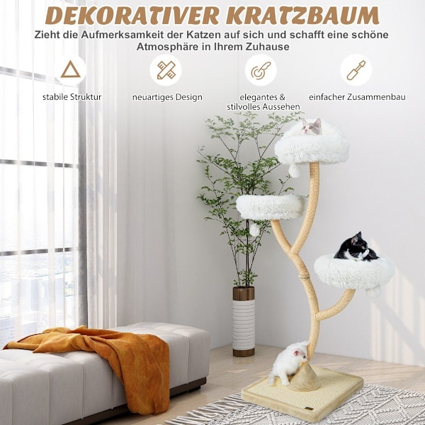 178 cm kattetræ med sisal kradsestolper & 3 varme liggeflader & plyskugler beige