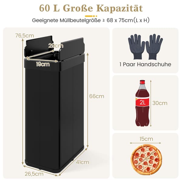 60L berøringsfri sensor skraldespand, rustfrit stål, sort