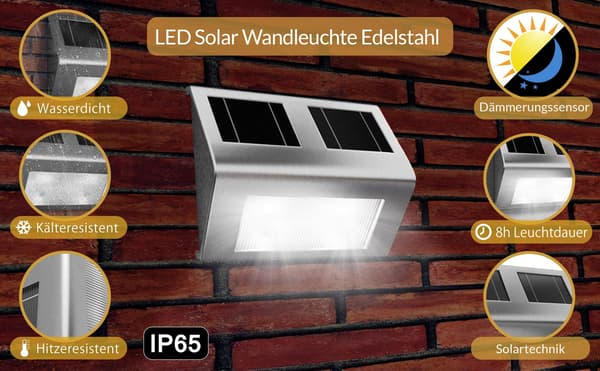 LED solcellevæglampe, rustfrit stål, IP65 vandtæt