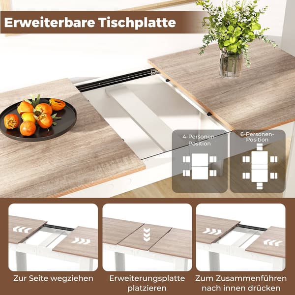 Utdragbart matbord, justerbar skiva, L-formade ben, vit