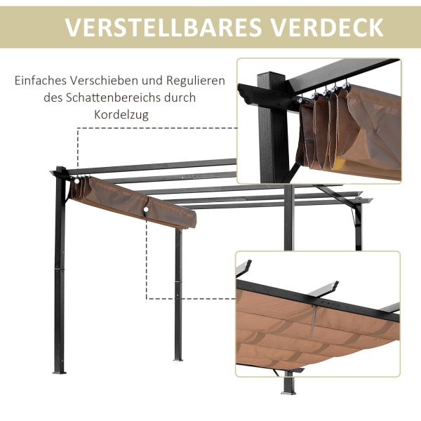 Pergola -Huvimaja Säädettävällä Kangaskatolla 3 X 4 M Patio-Katos Alumiinia Aurinkosuojakatos Patio Garden Harmaa + Ruskea