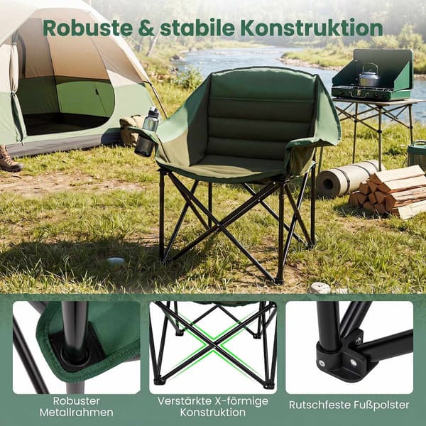 Overdimensioneret grøn campingstol, foldbar med hynde og kopholder