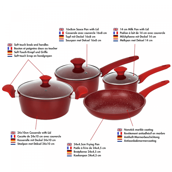 Herzberg HG-04715RED: 7 delar marmorbelagd kokkärl i gjutjärn - röd