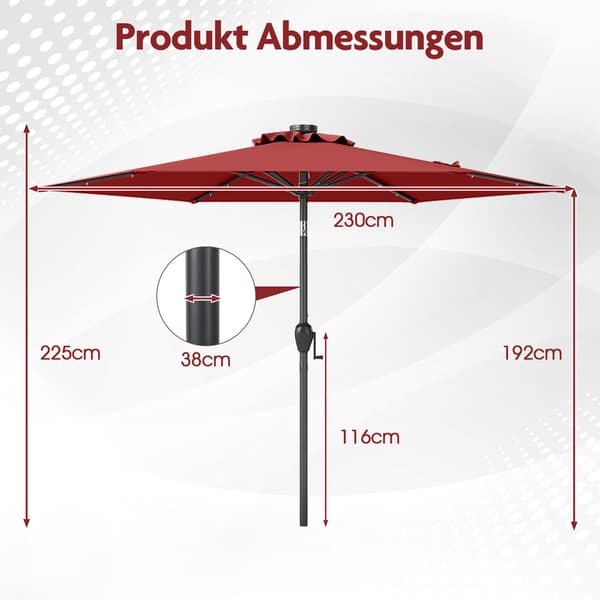 230 cm parasoll med LED-solcellslampor och vev