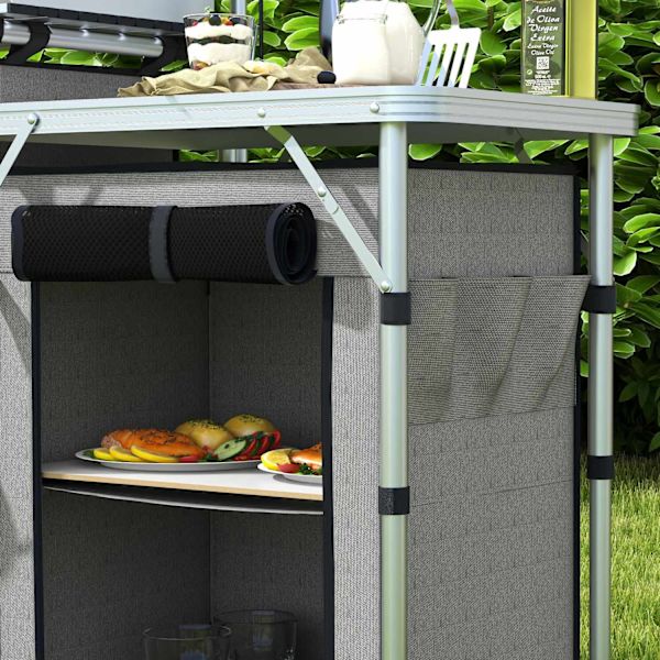 Camping Kitchen Kokoontaitettava Keittiö Tuulensuoja 3 Kaappia 3 Työtasoa Säädettävä Valoteline Camping Garden Alumiini Oxford Harmaa