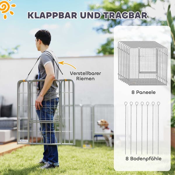 Lekhage för husdjur, 8 paneler, hopfällbart stål, inomhus/utomhus