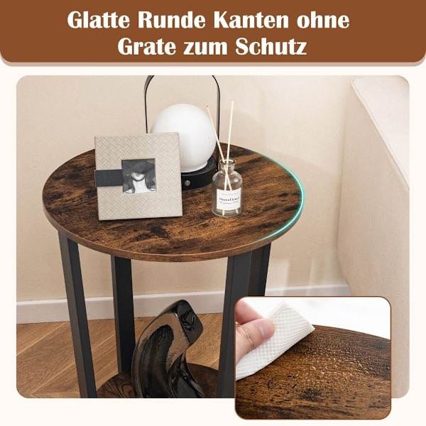 Runt sidobord med öppen hylla &amp; Metallram 2-vånings Accent Bordsoffa Bord-Rustik Brun