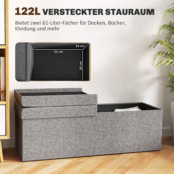 Bænk med opbevaringsplads, foldbar polstret bænk med separate beholdere, sengebænk med linnedlook, sædekiste til entre, soveværelse, stue, 110 x 38 x