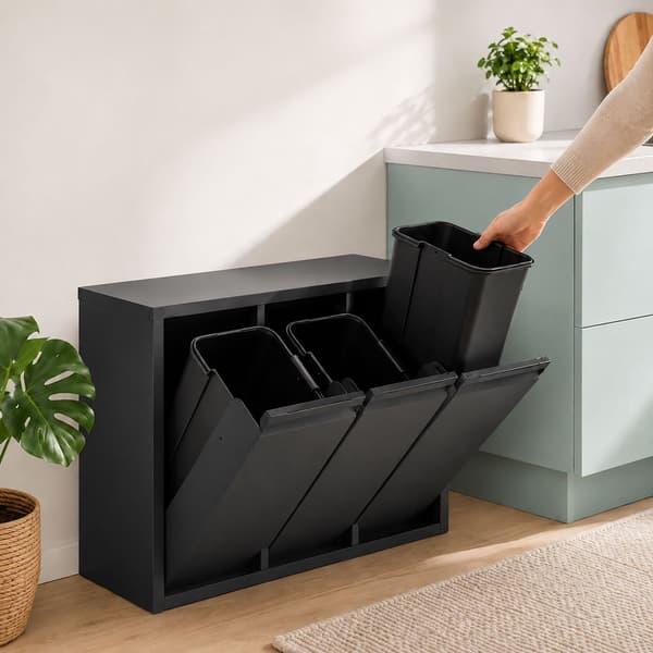 3-facks papperskorg, 30L, svart, stål-plast