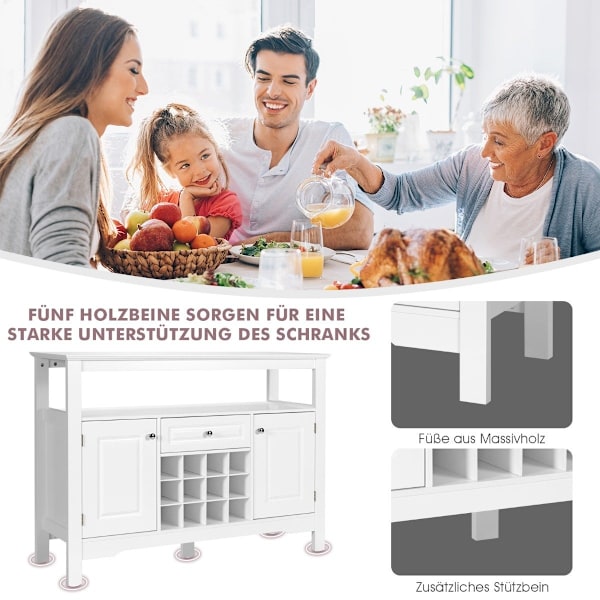 Moderne spisestuebuffet med krydsformet vinreol åben hylde 2 skabe & skuffe hvid