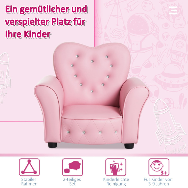 Børnesofa Prinsesse Hjerteformet Børnelænestol I Pink, Hyggelig Børneværelsessofa, L59Xb41,5Xh49Cm