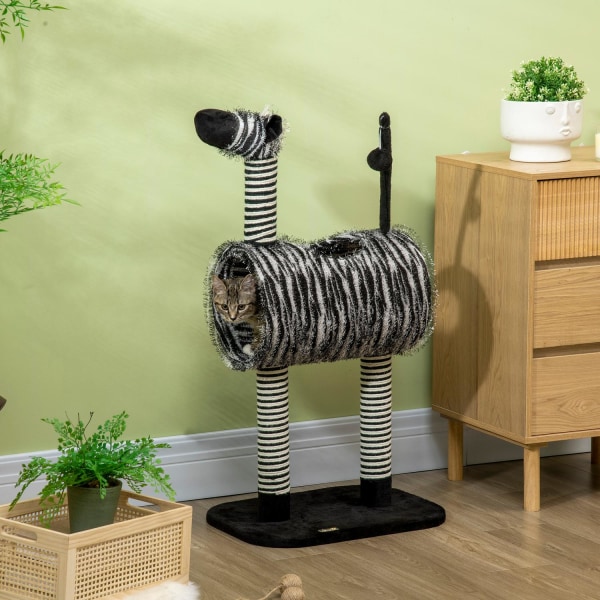 Kradsestolpe Kat Træ Zebra Design Klatretunnel Jute Stolpe Sort + Hvid 93Cm