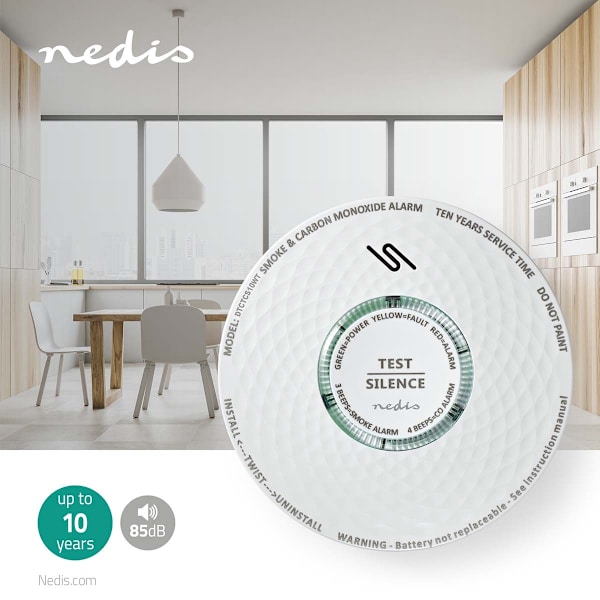Rök & kolmonoxid Alarm | Batteridriven | Batterilängd upp till: 10 år | EN 14604 | Med testknapp | 85 dB | ABS | Vit