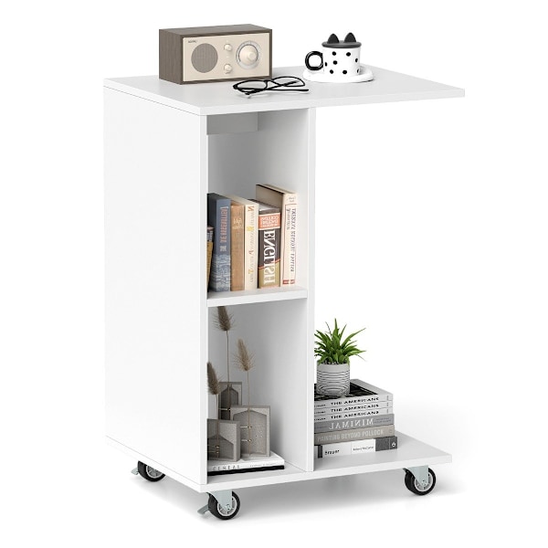 C-formet sidebord, smalt sidebord med hylder, mobilt sengebord til stue, hvid