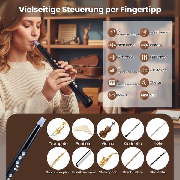 Digital saxofon med trådløs MIDI, 100 lyde, sort