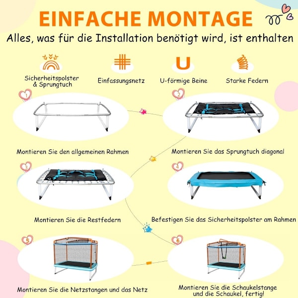 Rektangulär 3-i-1 studsmatta för barn 190 x 124 cm stor fritidsstudsmatta med nät blå + orange