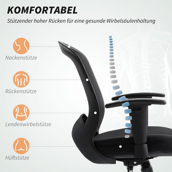 Justerbar kontorstol i net, rullende, sort