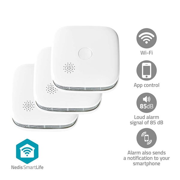SmartLife Rökdetektor | Wi-Fi | Batteridriven | Givarens livscykel: 10 år | EN 14604 | Max. batteritid: 24 månader | 85 dB | Vit | 3 st