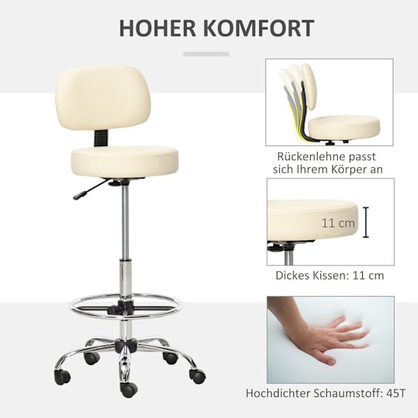 Roterende barstol arbejdsskammel med ryglæn, højdejusterbar, PU, ​​​​beige, 56x57x104-127cm