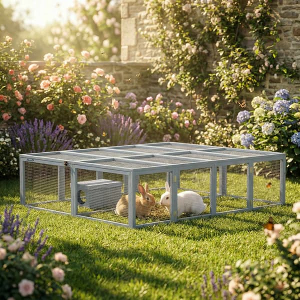 Kaninbur med stor gård, modulär design, grått trä