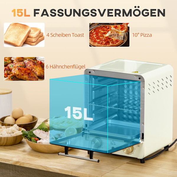 Miniugn 15L, 1 timmes timer, 60-230°C, pizzaugn med cirkulationsluft, 1000 W, miniugn med bakplåtssats, smulplåt, gräddvit
