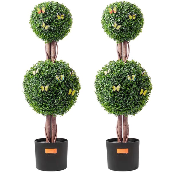 Konstgjorda buxbom med dubbla bollar, topiary, 91 cm, set om 2