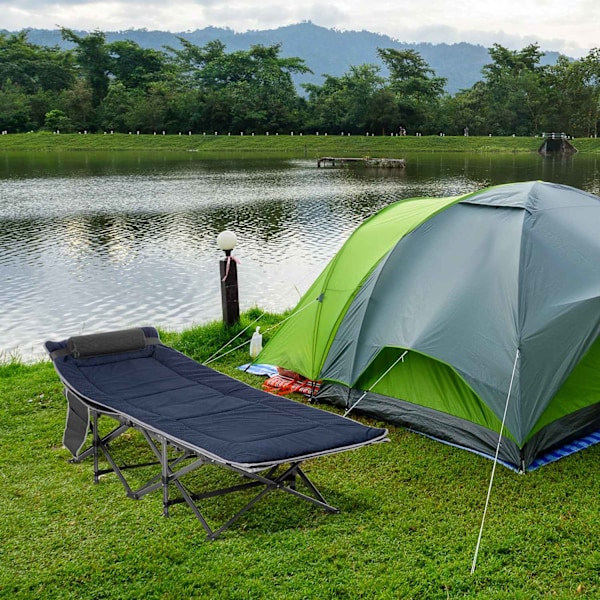 Campingsäng hopfällbar tältsäng hopfällbar säng med kudde sidficka madrass gästsäng rymmer upp till 150 kg resor utomhus Oxford mörkblå + grå 188 x 64